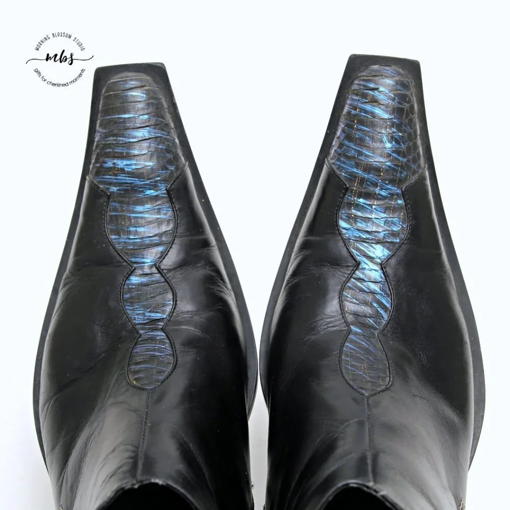 Juno Western Contrast Stitch Croc Pointed‎ Toe Side Zip Ankle Boots Black Men 9